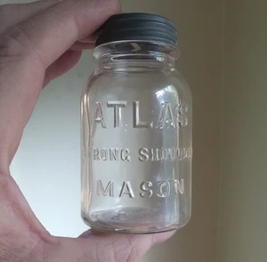 MINIATURE ATLAS STRONG SHOULDER MASON FRUIT JAR ADVERTISING COIN BANK 1930s - Picture 1 of 5