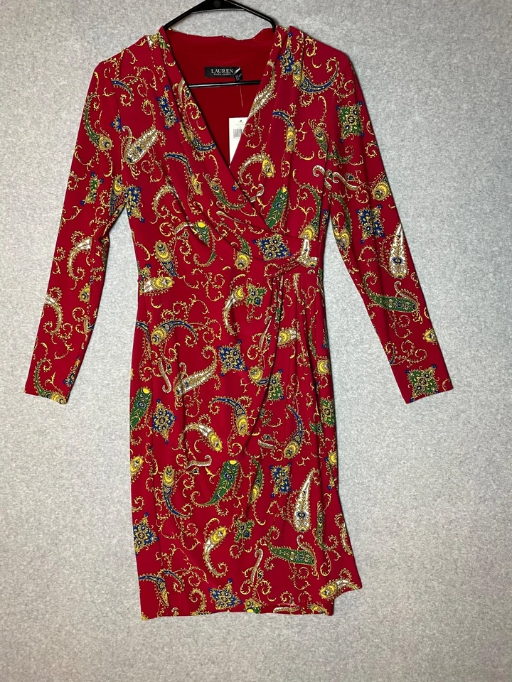 Lauren Ralph Lauren Faux Wrap Jersey Dress Size 6 Petite Paisley Pleated Holiday - Image 1 of 4