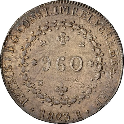 Brazil: Pedro I, 960 Reis 1823-R NGC AU-58, Rio mint! Overstruck on Colonial 8R - Image 1 of 4