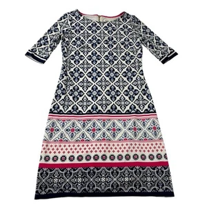 Eliza J A-Line Dress Women’s 0 White Navy Pink Geometric Print Boat Neck Lined - Picture 1 of 6