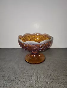 Vintage Amber Glass Pedestal Bowl With Scalloped Edges & Intricate Swirl Design - Picture 1 of 6
