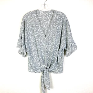 MAX STUDIO Women's Button Front Top Size L Black White Floral V-Neck Tie Hem - Picture 1 of 6