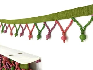 Beaded Trim Fringe in Pink, Purple and Green 1/2" Band w/ 1 1/2" Bead Drops - Picture 1 of 6