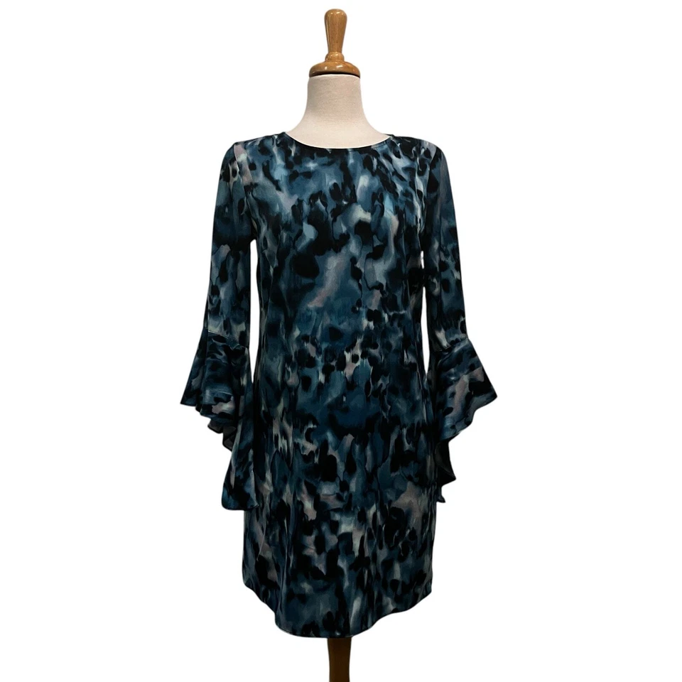 Vestido Bar lll tamanho pequeno azul aquarela bainha manga esvoaçante mini boêmio artístico  - Imagem 1 de 4