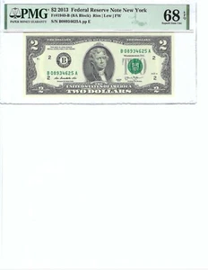 2013 $2 FRN FR1940-B PMG 68 EPQ, New York, S/N B08934625!!! - Picture 1 of 2