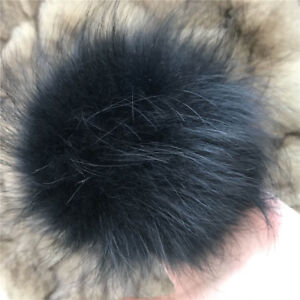 2pcs 15cm Big Real Raccoon Fur Pom Pom Ball w Snap Button DIY Cap Beanie Hat