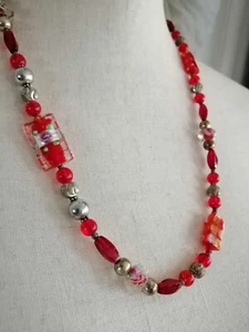 Vintage Red Lucite Block Metal Engraved Beaded Necklace - Picture 1 of 4