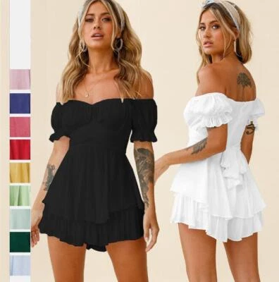 Women Fashion Boho Romper Off Shoulder Ruffle Chiffon Shorts Jumpsuit Playsuits - Image 1 of 4