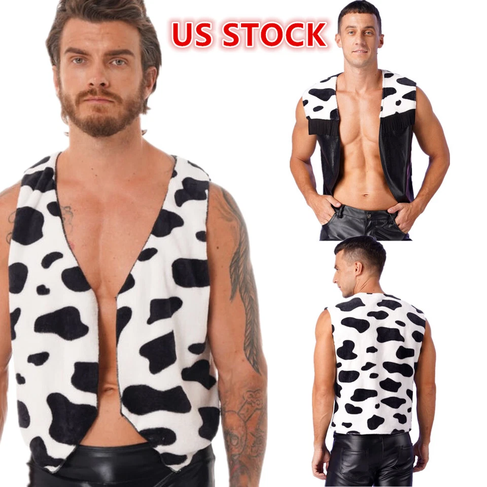Men's Cow Print Sleeveless Open Front Vest Christmas Halloween Cowboy Costume - Image 1 of 1