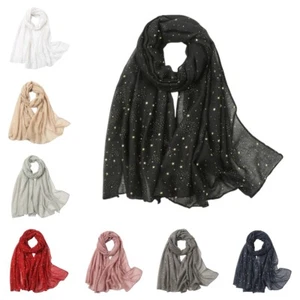 Women Chiffon Mesh Gold Stars Scarf Shawl Wrap Summer Thin Breathable Headscarf - Picture 1 of 13