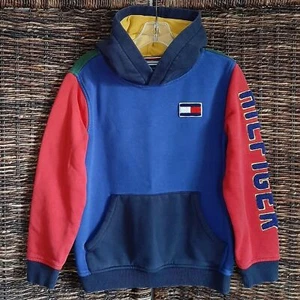 Tommy Hilfiger Hoodie Medium Blue Sweatshirt Preppy Varsity Letters Colorblock   - Picture 1 of 6