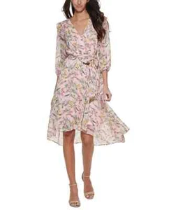 Tommy Hilfiger Printed Balloon-Sleeve Faux-Wrap Dress, Pink Multi, Size 14 - Picture 1 of 4