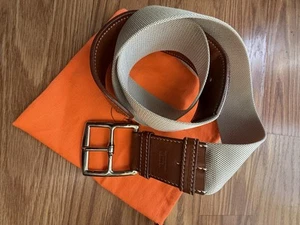 Hermes Brown Leather And Canvas Belt With Silver Buckle - Picture 1 of 12