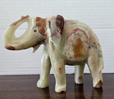 Banded Onyx Trunk Up Elephant / Hand Carved Sculpture / Green Brown Large - Image 1 of 4