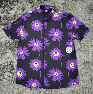 Camisa Neff Para Hombre Grande Negra Púrpura Floral Cara Sonrisa Manga Corta Abotonada Nueva Con Etiquetas Foto 1 de 4