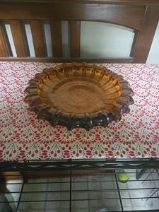 1960s MCM Amber Starburst Ribbed Vintage Pressed Glass Ashtray 7” Ash Tray - Picture 1 of 3