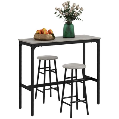 Grey Wood-Effect 3-Piece Bar Set, Powder Coated Steel, 105x40x90 cm - Image 1 of 4