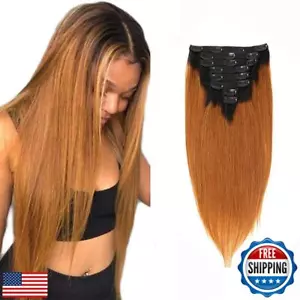 Clip in Hair Extensions Real Human Hair Ombre Brown Clip in Hair Extensions B - Picture 1 of 5