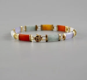 14k massives Gold Jade Armband - Lavendel weiß grün roter Stein Link - Größe 7 3/4" - Bild 1 von 12