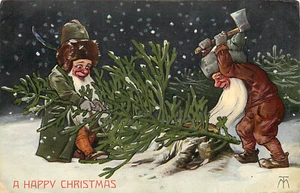Nister 406 Weihnachts Postkarte Wichtel oder Elfen Baum abhacken S/A TM - Bild 1 von 2