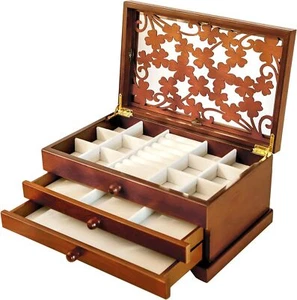 Kendal 3 Layer Wooden Jewelry Box Jewelry Holder Organizer w/ Four Leaf Pattern - Picture 1 of 8