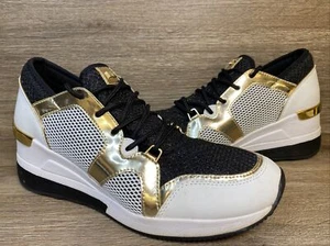 Michael Kors LIV Hidden Wedge Sneaker Black & Gold & White Glitter Sz Women 9.5M - Picture 1 of 20