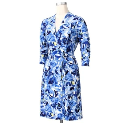 Dana Buchman Size Small Dress Blue Watercolor Surplice Faux Wrap Belt 3/4 Sleeve - Image 1 of 4