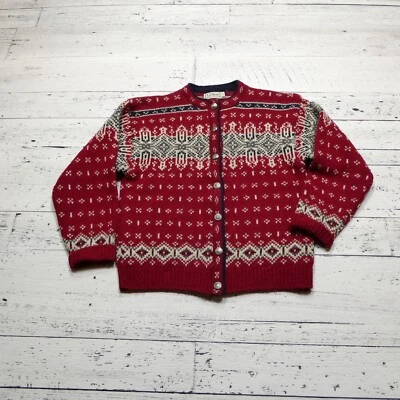 Vintage LL Bean Cardigan Sweater Womens M Red Wool Nordic Fair Isle USA Made - Image 1 of 4
