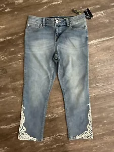 Jeans dritti Inc taglia 4 gambe curvy fit crop blu denim pizzo dritto elasticizzato nuovo con etichette - Foto 1 di 9