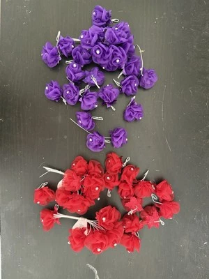 Lot Of Studio His & Hers Fake Sheer Mini Roses W Rhinestones Red & Purple W Wire - Image 1 of 3
