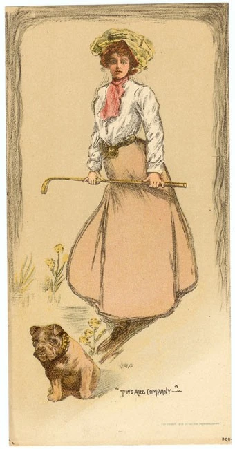 LITOGRAFÍA ORIGINAL VINTAGE 1905 LADY GOLFFER & BULLDOG Club de Golf impresión de perro Foto 1 de 1