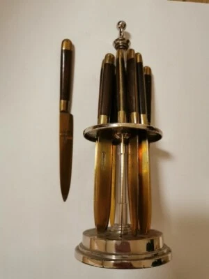 12 Obstmesser Stahl-Bronce mit Horn-/Holzgriff, komplett mit Ständer, antik - Bild 1 von 4