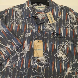 Roundtree Yorke Caribbean Camp Shirt Blue Grey Hawaiian Floral Paradise Men XL - Picture 1 of 9