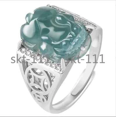 Anillo ajustable de plata esterlina 925 PiXiu jadeíta jade A verde certificado ICY Foto 1 de 4