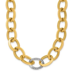 14K Solid Two Tone Gold Diamond Oval Link Chain Necklace - Picture 1 of 12