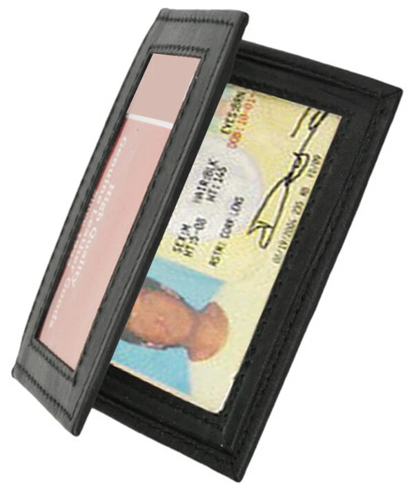 Black Leather Men's Bifold Wallet ID Badge Credit Card Holder Zip