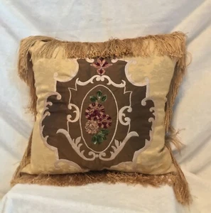 Vintage Yellow Cotton Damask Fringe Pillow w/Velvet Appliqué Flowers Embroidery - Picture 1 of 12