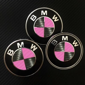 Black & Pink CARBON Fiber Roundel Decal for BMW BADGE EMBLEMS Rims Hood Trunk - Picture 1 of 5