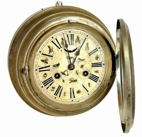 Antique Ansonia Brass & Copper Co Wall Clock Rare Painted Insects on Dial Cover