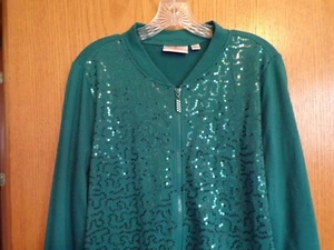 Quacker Factory L Teal Sequin Swirl Zip Front French Terry Bomber Jacket - Picture 1 of 4