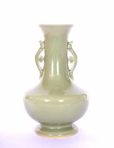 1930's Chinese Celadon Glazed Porcelain Double Handle Vase Marked - Picture 1 of 11