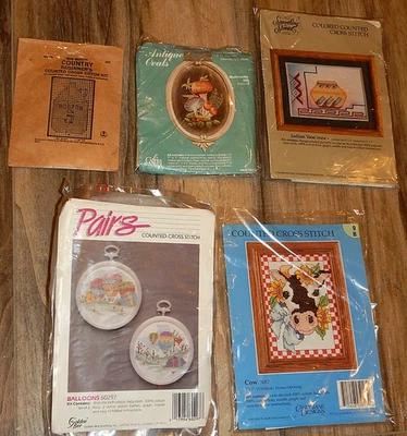 Lot 5 Cross Stitch/Embroidery Kits:Cntry Jug,Mushrooms,Vase,Hot Air Balloons,Cow - Image 1 of 4