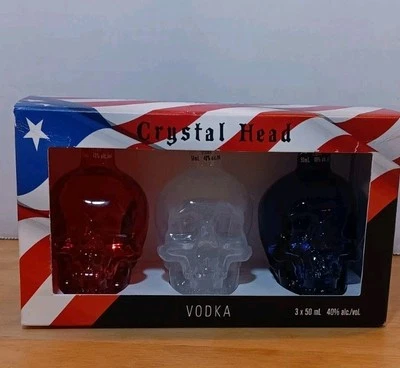 Crystal Head Vodka Calavera JUEGO de 3 botellas vacías de 50 ml EE. UU. ROJO BLANCO AZUL 2018 Foto 1 de 4