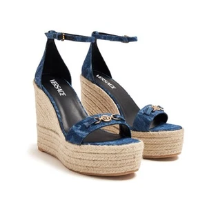 NWB VERSACE DENIM BAROCCO WEDGE ESPADRILLE SANDALS 40 - Picture 1 of 9