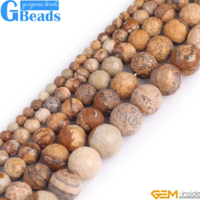 natural faceted picture jasper beads 15" - round stone jewelry making supplies - Image 1 of 4