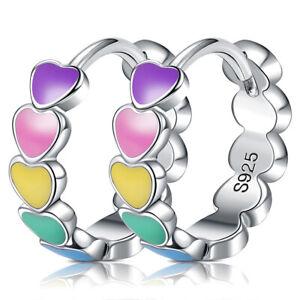 925 Sterling Silver Hoop Huggie Earrings for Girl Women Rainbow Heart Enamel