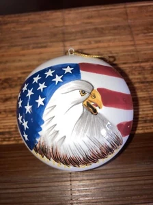 Patriotic Hand Painted Christmas Ceramic Ornament Eagle Flag USA 3” - Picture 1 of 6