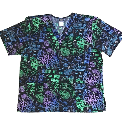 Star Wars Scrubs Men Large R2D2 Luke Stromtroopers Black Lightsaber Top Shirt - Image 1 of 4