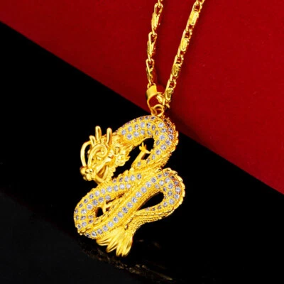 24k Gold Filled Over Sterling Silver Womens Zircon 18" Dragon Necklace D921 - Image 1 of 4