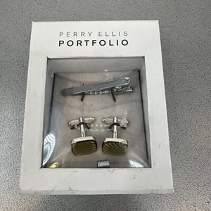 New Perry Ellis Portfolio Silver Tone Tie Clip & Cuff Links - Picture 1 of 6